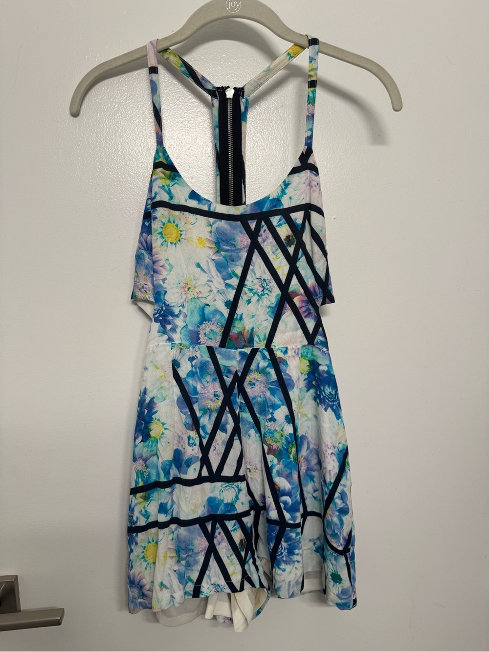 NBD Blue Floral Print Romper with Black Geo Straps